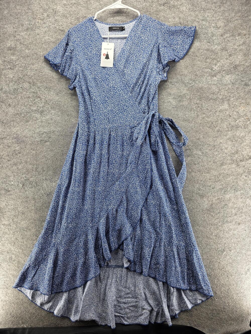 ZESICA Dress Womens M Blue Wrap Hi-Low Floral Short Flutter Sleeve Rayon Belted